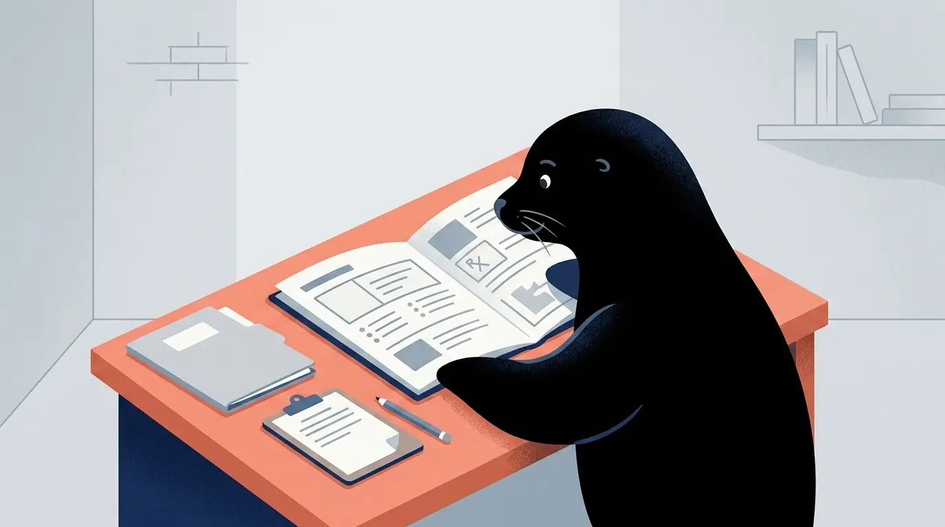 Harbor's seal mascot focused on a clinical study plan at a desk