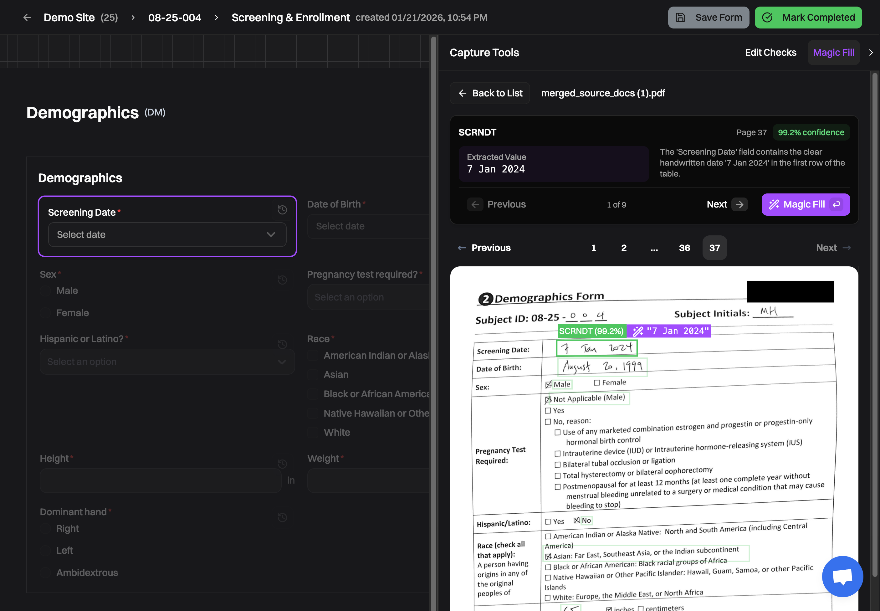 Harbor EDC showing a clinical study workspace in dark mode
